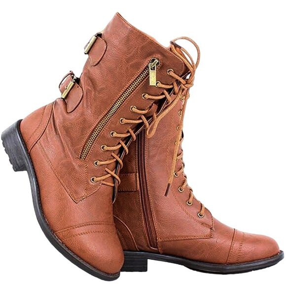 Top Moda Combat Style Lace-Up Mid-Calf Boots | Faux Leather + Buckle Detail - Picture 2 of 8